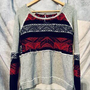 Free People Gray, Navy, & Pink Ragland Style Wide Crew Neck Sweater - Size SMALL